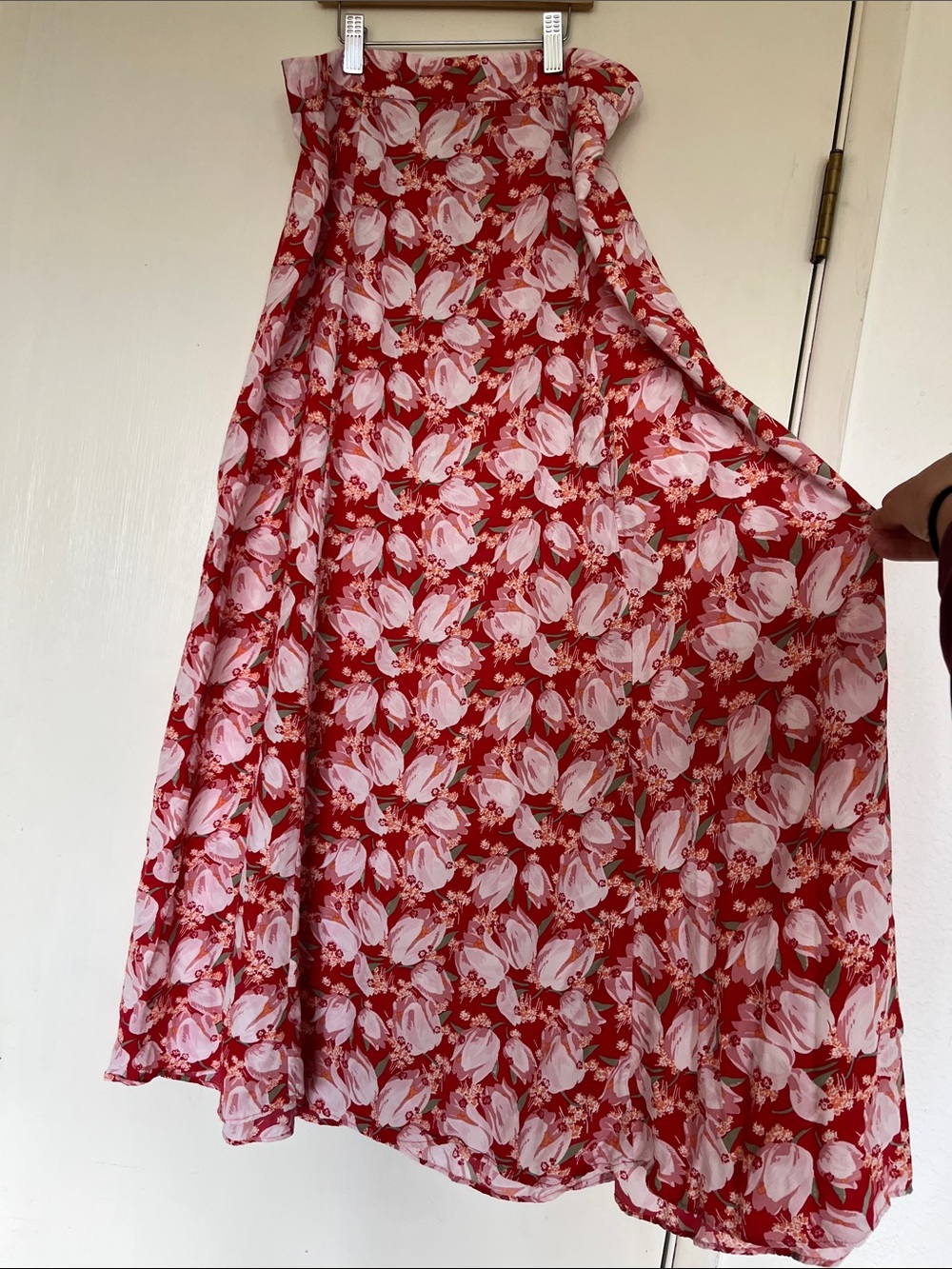 & Other Stories Red Floral Maxi Skirt with Pink Tulips